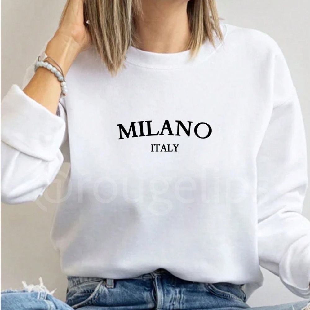 White Sweatshirt Milano Italy Text Letter Graphic Print